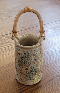 DK McBride Small Pottery Basket Rattan Bamboo Handle Dragonfly Stamp - Picture 1 of 3