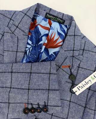 Paisley & Gray Sport Coat 38R Blue Windpane Plaid Linen Blend Blazer Slim NEW - Image 1 of 4