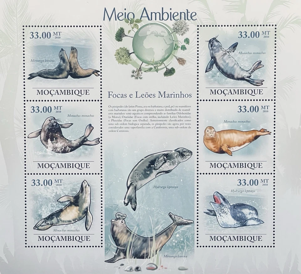 HOJA DE SELLOS DE FOCAS Y LEONES MARINOS DE MOZAMBIQUE MNH 2010 VIDA MARINA SELLO DE LEOPARDO Foto 1 de 1
