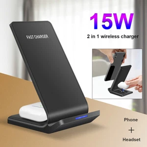 2in1 Wireless Schnell Ladegerät Dock Ständer für Air Pods iPhone 16 Samsung S25+ - Bild 1 von 15