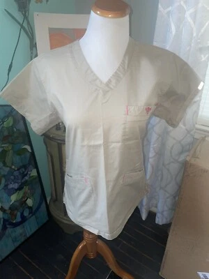 Blusa Médica Med Couture Beige/Tostado con Borde Rosa Talla XS Foto 1 de 4