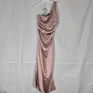 Ladies Dress Size 8 Boohoo Dusty Pink Satin Maxi One Shoulder Party Evening Prom - Picture 1 of 12