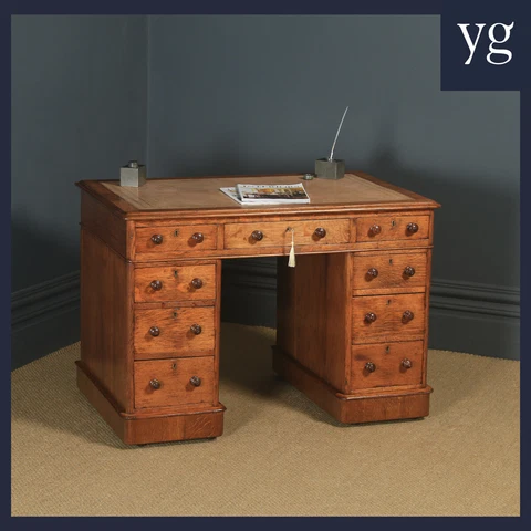 Antique English Victorian 3ft 6” Golden Oak & Leather Pedestal Office Desk (Circ Cover
