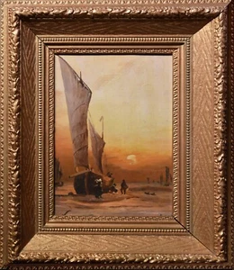 Küstenlandschaft Ebbe bei Sonnenuntergang ca 1900 Ölgemälde Meister signiert - Bild 1 von 8
