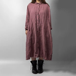 Oska Pleated Red Linen Button down Mid length Pockets Shirt Dress Size 1 S-M - Picture 1 of 20