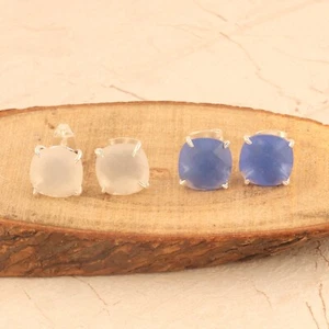 Minimalist Chalcedony Cushion Shape Stud Silver Plated Tiny Earrings 2 Pairs Lot - Picture 1 of 3