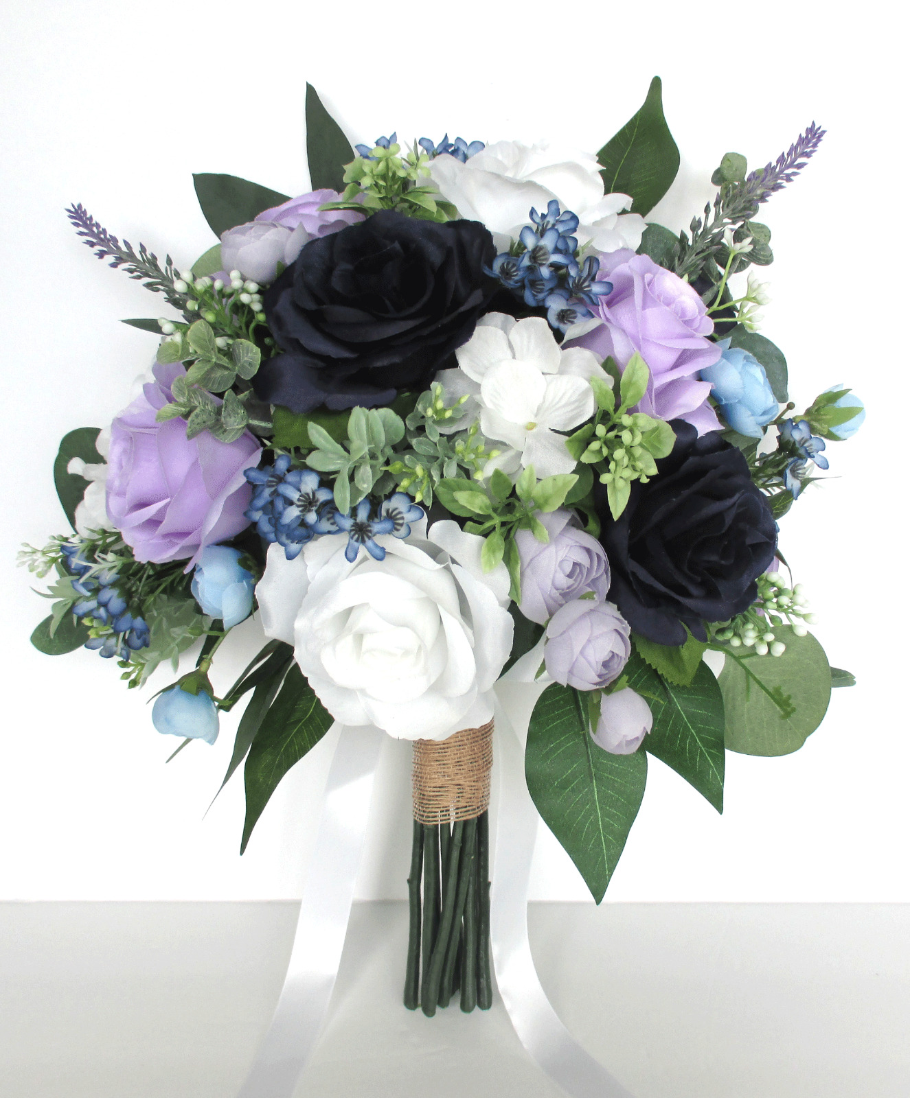 Wedding Bouquet,17 piece set Bridal bouquet,LAVENDER Dark NAVY Blue White  Flower | eBay
