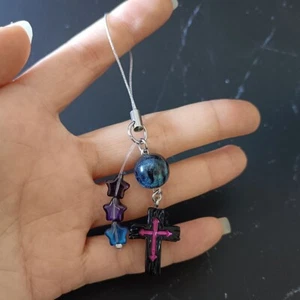 Phone Charm "Love & Peace" Cross Pendant with Stars & Ball Key Chain Lucky Gift - Zdjęcie 1 z 6