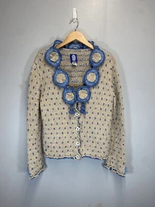 Amano Cardigan Handknit Vintage Floral Art Pink Beige Wool Cardigan Size S/M - Picture 1 of 13