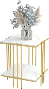 Sintered Stone End Table: 2 Tier Square White Sofa Side Table - Small Coffee Tab - Picture 1 of 9