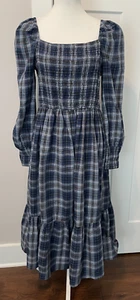 ANNIEWEAR Womens DRESS Long Sleeve BLUE Plaid Smocked Ruffle Size L NWT - Picture 1 of 5