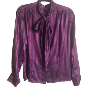 Evan Picone Vintage Long Sleeve Plum Blouse Buttons Up With Tie Neck Size 10 - Picture 1 of 9