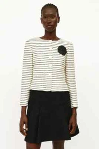 Authentic CHANEL Women size 42 Cream & Black Sequin Camelia Jacket Logo Buttons - Picture 1 of 19