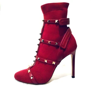 Preowned VALENTINO GARAVANI Rockstud Bodytech Sock Boots Red Sz 5.5 SRP $1195 - Picture 1 of 3