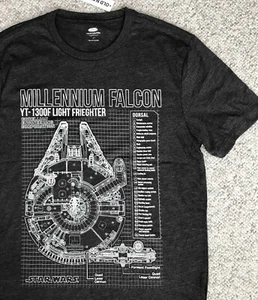 MILLENNIUM FALCON STAR WARS T-SHIRT dark gray BIG LOGO diagram specs blueprint - Picture 1 of 4