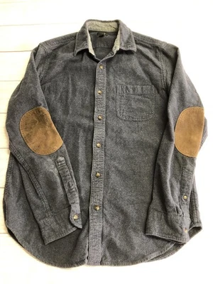 J.Crew 衬衫男式中号海军蓝棉亚麻麂皮绒皮革肘贴棕色 — 第 1/4 张图片