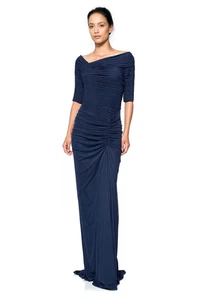 Tadashi Shoji Navy Blue Asymmetric Ruched Sleeve Gown Womens XL Formal Evening - Picture 1 of 12