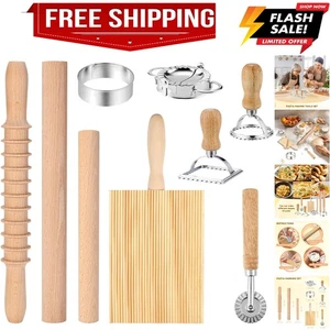 9-teiliges Nudelwerkzeug-Set, Nudelholz aus Holz, Gnocchi-Brett, Ravioli-Stempel... - Bild 1 von 8