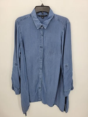 Top Zac and Rachel para mujer Plus 1X Azul Cambray Denim Manga con lengüeta enrollable Abotonada Foto 1 de 4