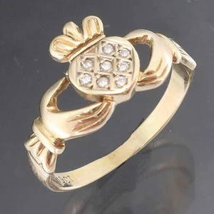 Traditional Irish Lover's Solid 9k Yellow GOLD 8 DIAMOND CLADDAGH RING Sz O - Picture 1 of 6
