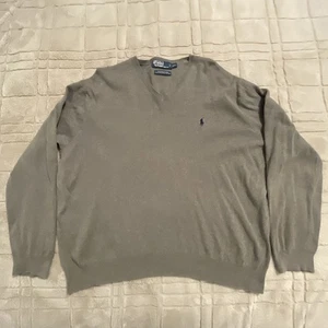 Polo Ralph Lauren V Neck Sweater Mens 2XL Gray Pima Cotton Blue Pony Pullover - Picture 1 of 12