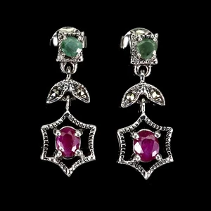 925 Sterling Silver Earrings Oval Ruby Emerald Marcasite Natural Gemstone Jewelr - Picture 1 of 14