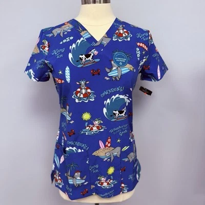 NWT Dickies Scrub Top XS Cowabunga Surf Animals Royal Blue Scrubs Uniform Nurse - Image 1 of 4