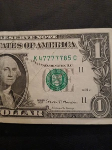 $1 Five Lucky 7s Fancy note with Error W in Washington Tripled Factory Creased - Picture 1 of 3