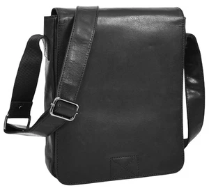 Mens Real Black Leather Tall Messenger Bag Flight Shoulder Flap Over Organiser - Picture 1 of 7