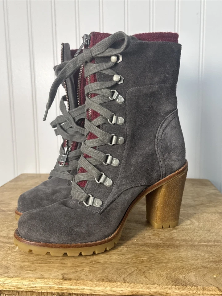 Botas de Combate UGG Fabrice Gris Gamuza Cuero Tacón Con Cordones Talla 5 Forradas Borgoña Foto 1 de 4