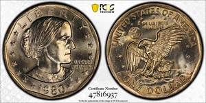 1980 D SBA $1 SUSAN B ANTHONY DOLLAR PCGS MS64 Protective Gold Shield & TrueView - Picture 1 of 3