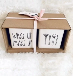 Rae Dunn WAKE UP MAKE UP Pink Brush Holder Organizer Cups 2 PC Gift Set New - Picture 1 of 5