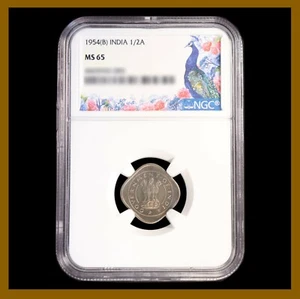 British India 1/2 Anna, 1954 (B) Bombay NGC MS 65 Zebu Bull Lion 4465943-083 - Picture 1 of 2