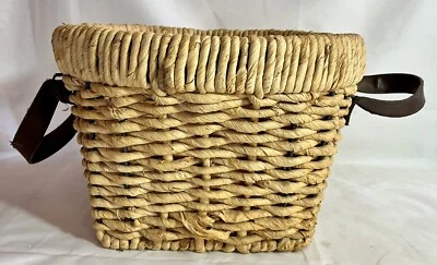 Vtg Large Decorative Water Hyacinth basket leather handles Seagrass Boho 12.5" — 第 1/4 张图片