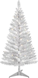 4Ft Lighted Artificial Silvery Christmas Tree, Not Pre-Lit Silvery Tinsel Pine T - Picture 1 of 8