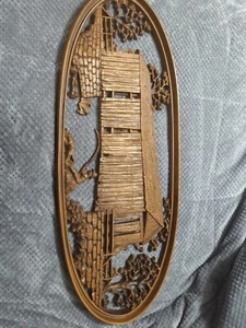 Vintage 1970s Burwood Covered Bridge Fisherman 4351 Wall Decor Hanger Plaque - Picture 1 of 10