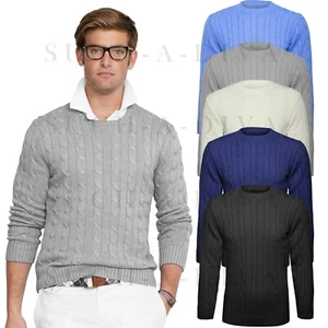 Mens Plain Classic Chunky Cable Knitted Crew Round Neck Knitwear Jumper Sweater - Picture 1 of 7