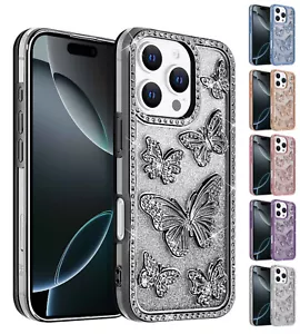 For Apple iPhone 16 Pro - Glitter Rhinestone Butterfly ShockProof Cover Case - Picture 1 of 25