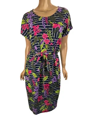 Lands' End Size MP /10-12 Pullover Dress Black w/ Purple,Pink & Green Floral - Image 1 of 4