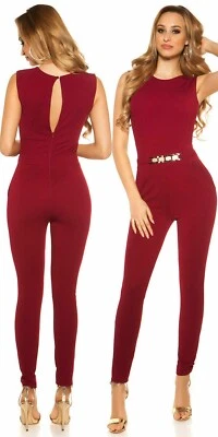 Jumpsuit mit Goldschnalle Overall Skinny Struktur Hosenanzug Bordeaux Gr. S - Bild 1 von 4