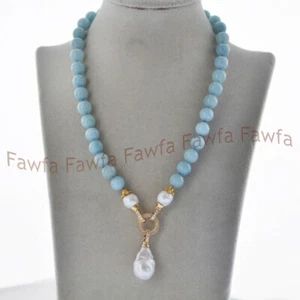 10mm Blue Aquamarine White Natural Edison Baroque Pearl Pendant Necklace 18'' - Picture 1 of 4