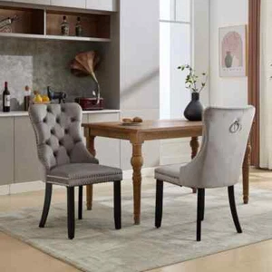 Velvet Dining Chairs Set of 2 High Back Wooden Legs for Home Dining Room Kitchen - Picture 1 of 15