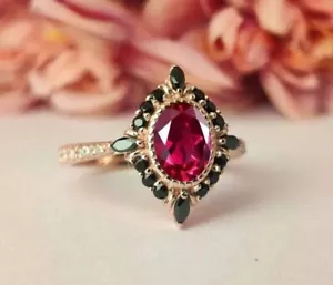 14K Rose Gold Plated 2.50Ct Oval Lab Created Red Ruby Women's Halo Wedding Ring - Picture 1 of 4
