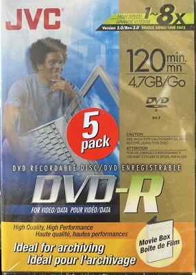 JVC DVD-R 120 min 4.7 GB Recordable Disc - 5 Pack - NEW Sealed - Image 1 of 2