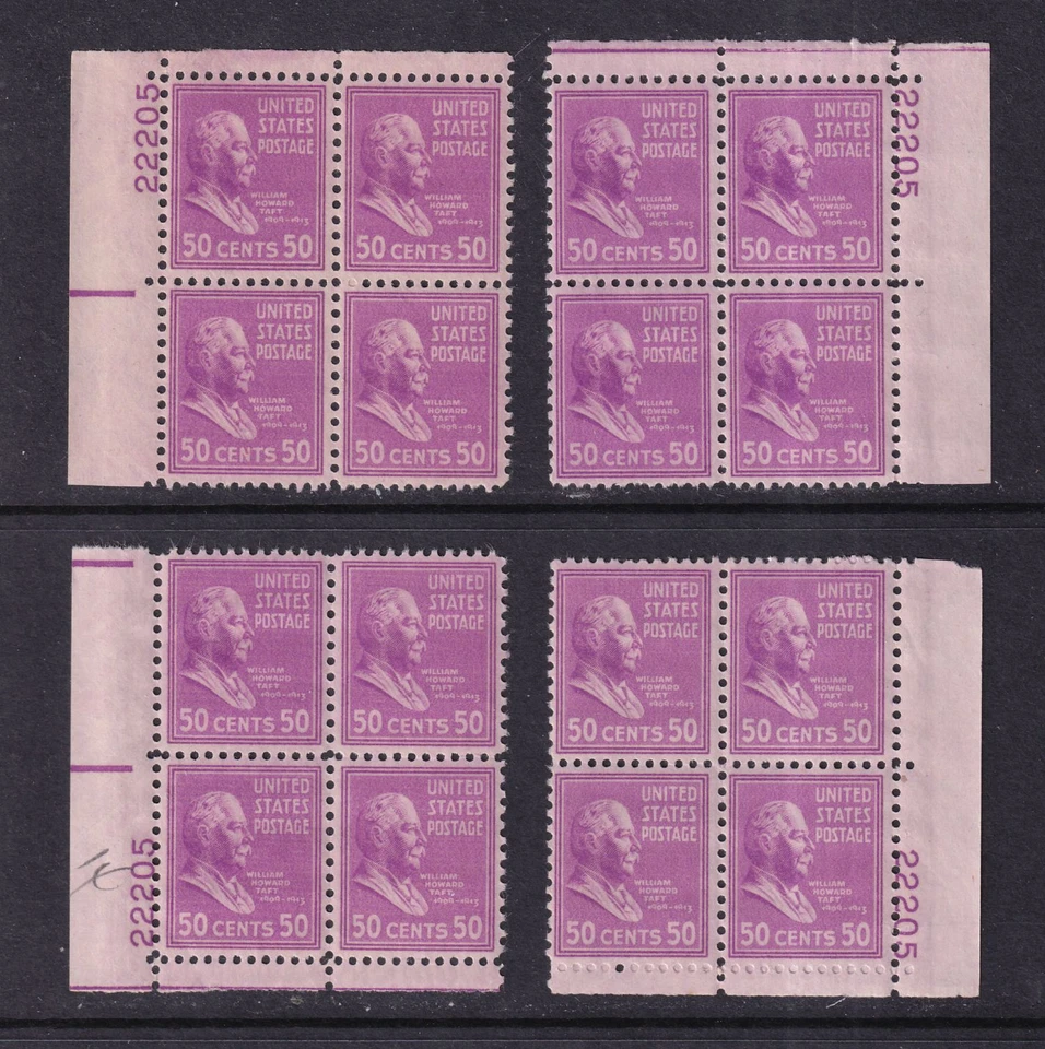 1938 Taft PREXY 50c Sc 831 MNH eye plate block 22205 matched Durland $120 - Image 1 of 1