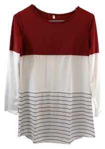 Women's Medium Colorblock T-Shirt Red Black Stripe Crew Neck Long Sleeves New - Picture 1 of 15