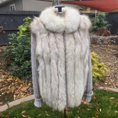 SAGA FOX Authentic Fox Fur Coat Knit Cable Fabric Sleeves Rare size M C1 - Image 1 of 4