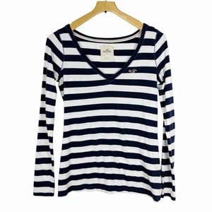 Vintage Y2K Hollister blau weiß gestreiftes Langarmshirt mit V-Ausschnitt Größe Large - Bild 1 von 7