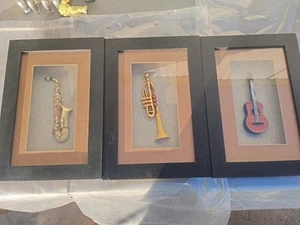 Set Of 3  Framed Instruments Shadow Boxs 3/D Hand Made Saxophone Guitar Trumpet  - Picture 1 of 22
