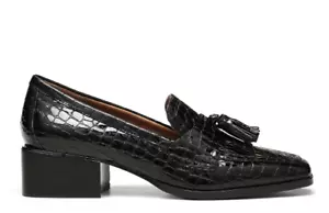 Donald Pliner Avi Shoes Womens 8M Black Croco Printed Fringed Tassels Block Heel - Picture 1 of 15